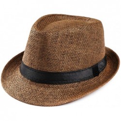 Fedoras Wide Brim Straw Fedora Beach Sun Hat Women or Men Woolen Felt Vintage Short Brim Crushable Jazz Hat UPF50+ Coffee - C...