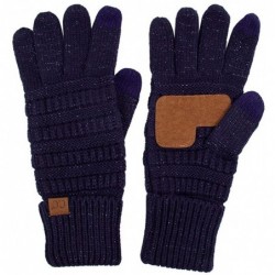 Skullies & Beanies 3pc Set Trendy Warm Chunky Soft Stretch Cable Knit Pom Pom Beanie- Scarves and Gloves Set - Metallic Navy ...