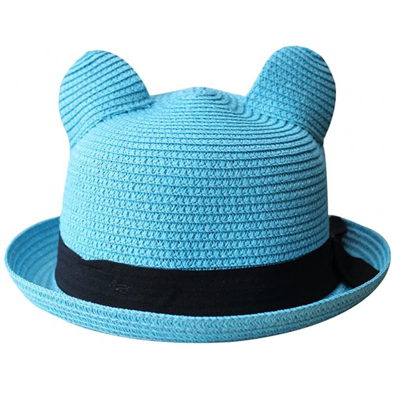 Sun Hats Women's Cute Cat Ear Round Top Bowler Straw Sun UV Summer Beach Roll-up Hat Cap - Sky Blue - C312FK8AS95 $19.58