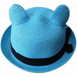 Sun Hats Women's Cute Cat Ear Round Top Bowler Straw Sun UV Summer Beach Roll-up Hat Cap - Sky Blue - C312FK8AS95 $19.58