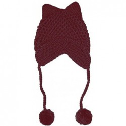 Skullies & Beanies Hot Pink Pussy Cat Beanie for Women's March Knitted Hat with Pom Pom Ear Cap - Wine Red - CC189K37UL2 $25.68
