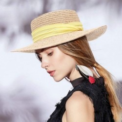 Sun Hats Women Straw Flat Top Boater Hat Braided Straw Wide Brim Summer Beach Cap Ribbon Straw Fedora Sun Hat - Beige 3 - CR1...