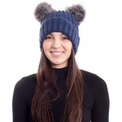 Skullies & Beanies Women's Winter Knitted Faux Fur Double Pom Pom Beanie Hat w/Lush Lining - Navy Hat Black Grey Ball - C618K...