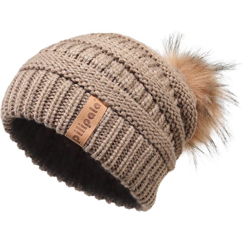 Skullies & Beanies Womens Winter Knit Beanie Hat Slouchy Warm Raccoon Fur Pom Pom Hat Caps for Women Ladies Girls - CX18ZXWOE...