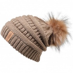 Skullies & Beanies Womens Winter Knit Beanie Hat Slouchy Warm Raccoon Fur Pom Pom Hat Caps for Women Ladies Girls - CX18ZXWOE...