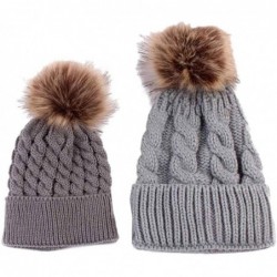 Skullies & Beanies Mom/Baby Winter Hand Knit Faux Fur Pompoms Beanie Hat - Gray - C712N1SVS7S $21.27