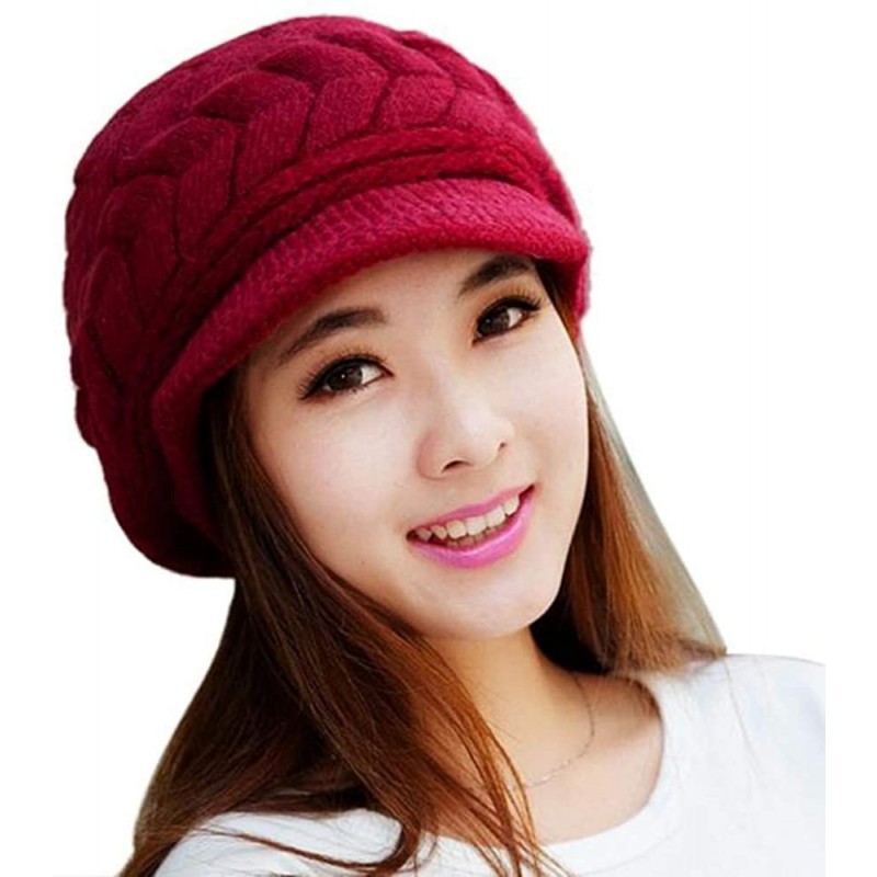 Berets Women Winter Warm Knit Hat Wool Snow Ski Caps with Visor Wool Newsboy Cap Winter Hat Beret Cold Weather - Red - CA18OY...