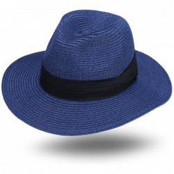 Fedoras Women and Mens Panama Hat Classic Fedora Straw Sun Hat - Navy - CX17YY7K03C $47.53