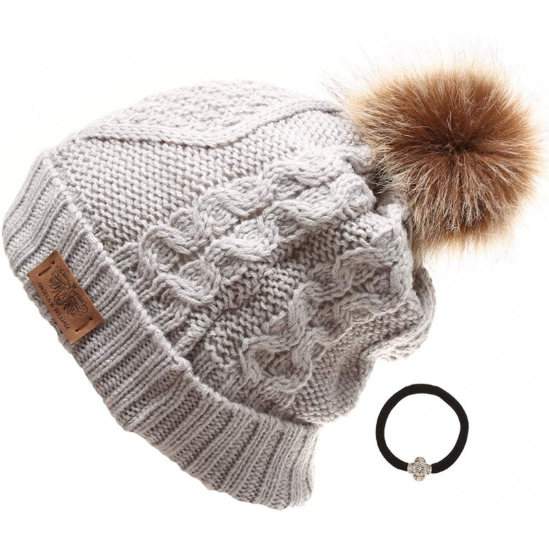 Skullies & Beanies Women's Winter Fleece Lined Cable Knitted Pom Pom Beanie Hat with Hair Tie. - Ash Grey - CN18I7ZCSKZ $16.94