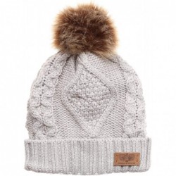 Skullies & Beanies Women's Winter Fleece Lined Cable Knitted Pom Pom Beanie Hat with Hair Tie. - Ash Grey - CN18I7ZCSKZ $16.94