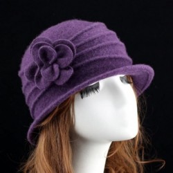 Skullies & Beanies Women 100% Wool Felt Round Top Cloche Hat Fedoras Trilby with Bow Flower - A4 Purple - CL185ALXXDU $36.19