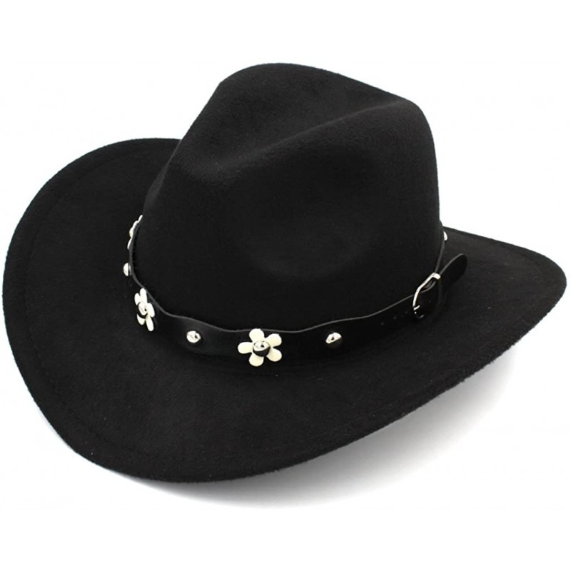 Cowboy Hats Women Western Cowboy Hat Wide Brim Cowgirl Cap Flower Charms Leather Band - Black - CC1883E0532 $18.34