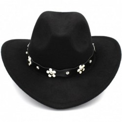 Cowboy Hats Women Western Cowboy Hat Wide Brim Cowgirl Cap Flower Charms Leather Band - Black - CC1883E0532 $18.34