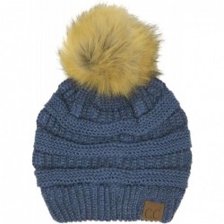 Skullies & Beanies Fur Pom Winter Fall Trendy Chunky Stretchy Cable Knit Beanie Hat - Metallic Dk. Denim - CB18YAGRGHX $30.02