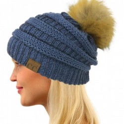 Skullies & Beanies Fur Pom Winter Fall Trendy Chunky Stretchy Cable Knit Beanie Hat - Metallic Dk. Denim - CB18YAGRGHX $28.15