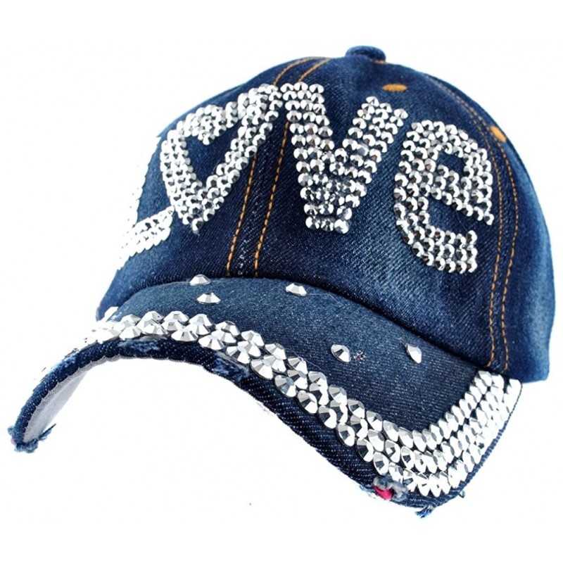 Baseball Caps Cute Letter Love Baseball Cap Jewel Rhinestone Bling Hats Jeans Wash Denim (Dark Blue) - CA11YMNWK83 $38.06