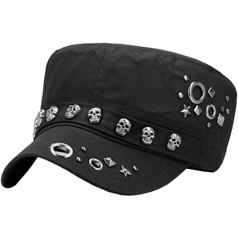 Baseball Caps Unisex Skull/Skeleton Studded Punk-Army-Cap Cool Flat Cap - Black1 - C018NGTRLHO $18.88
