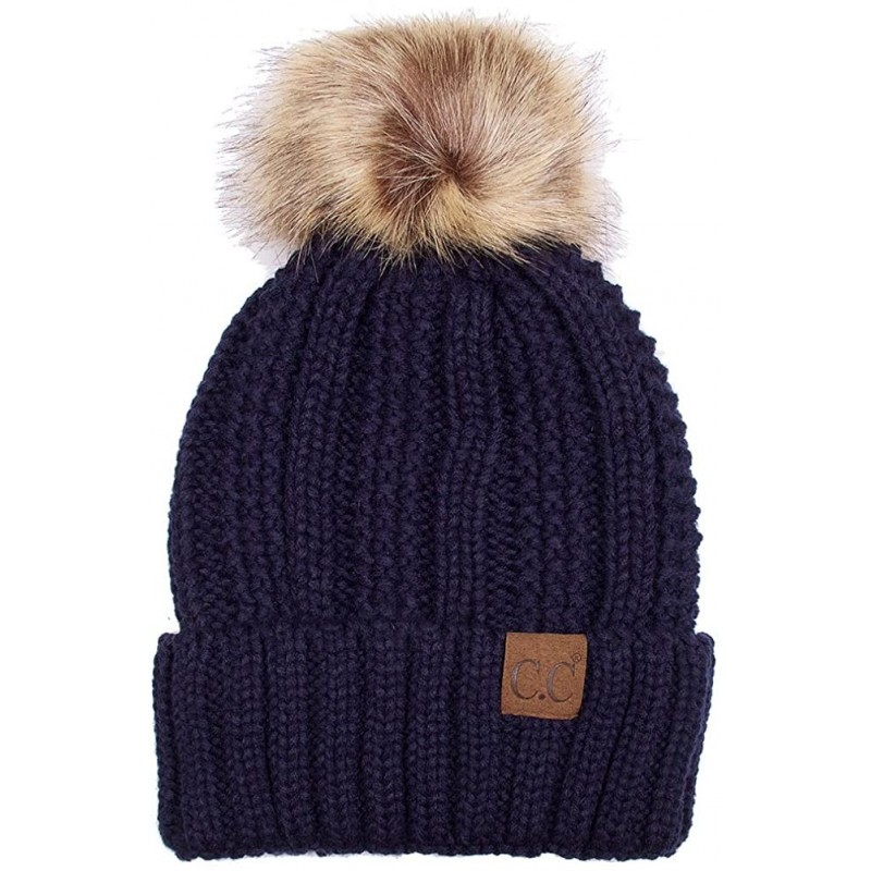 Skullies & Beanies Exclusive Knitted Hat with Fuzzy Lining with Pom Pom - Navy - C812K7GMB6J $21.35