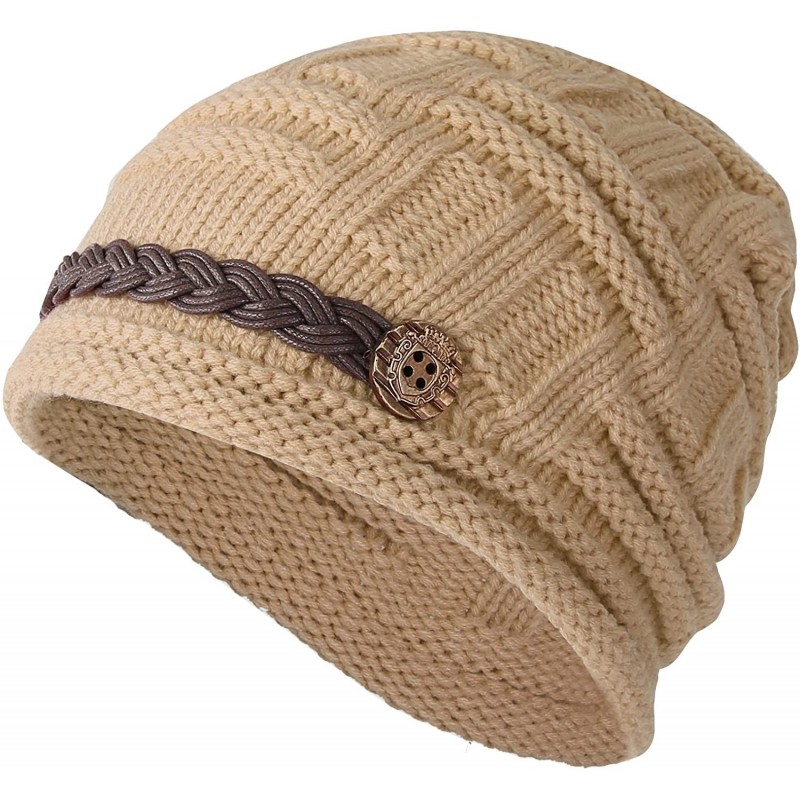 Skullies & Beanies Women Winter Beanie Cabled Checker Pattern Knit Hat Button Strap Cap - Khaki - C9129NHABZZ $21.15