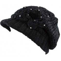 Skullies & Beanies Winter Chunky Long Knit Visor Beanie Skull Hat Cap - Flower-black - CW18HR28EQW $20.12
