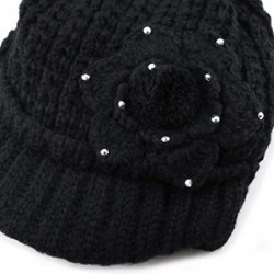 Skullies & Beanies Winter Chunky Long Knit Visor Beanie Skull Hat Cap - Flower-black - CW18HR28EQW $18.85