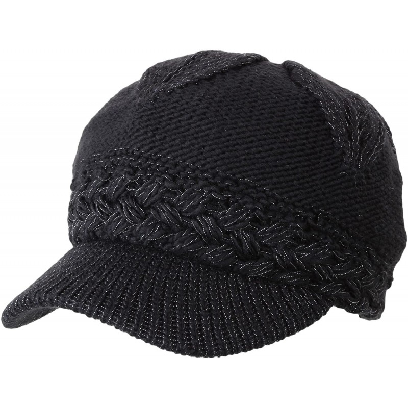 Skullies & Beanies Women's Chunky Knitted Metallic Thread Double Layer Visor Beanie Hats - Solid Black - CO12CYEJBK1 $25.69