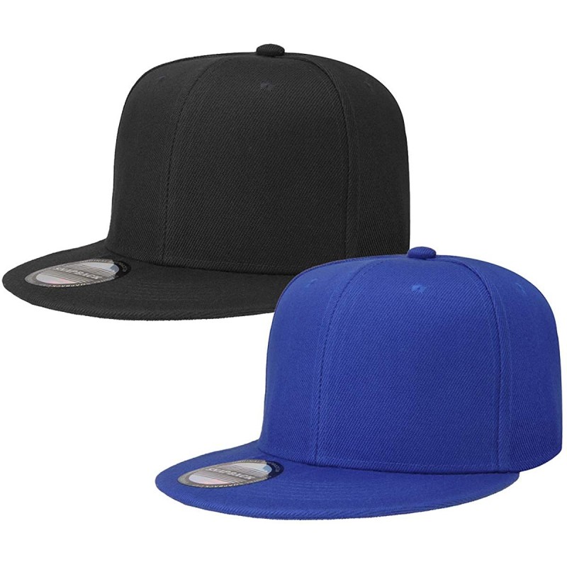 Baseball Caps Classic Snapback Hat Cap Hip Hop Style Flat Bill Blank Solid Color Adjustable Size - 2pcs Black & Royal - CY18G...