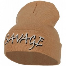 Skullies & Beanies Savage Embroidered Long Knitted Beanie - Khaki - CP18K5ZCT5C $48.37