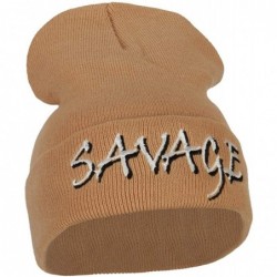 Skullies & Beanies Savage Embroidered Long Knitted Beanie - Khaki - CP18K5ZCT5C $34.03