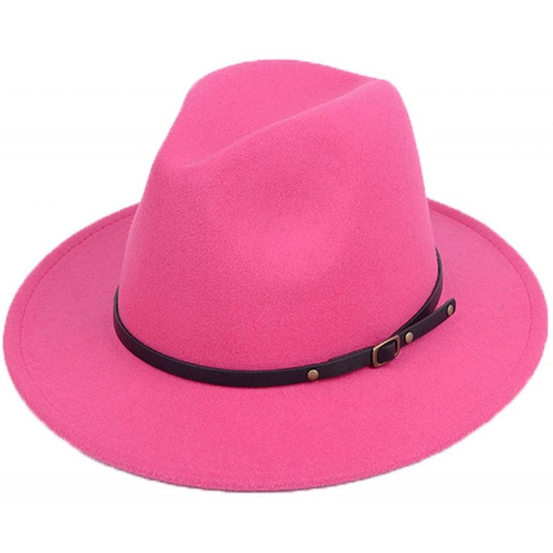 Fedoras Women Lady Vintage Retro Wide Brim Wool Fedora Hat Panama Cap with Belt Buckle - Rose Red - CF18A6AI8S8 $25.40