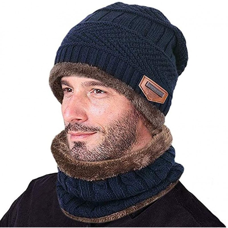 Skullies & Beanies Knitted Hat and Scarf Set- Winter Fleece Lining Wool Beanie Hat Neck Warmers for Men Women - Navy - CO18KR...