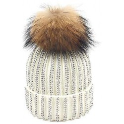 Skullies & Beanies Women Rhinestone Beanie Skull Hats Warm Knitting Hat Real Raccoon Fur Pompom Bobble Caps - White(brown Bob...