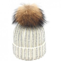 Skullies & Beanies Women Rhinestone Beanie Skull Hats Warm Knitting Hat Real Raccoon Fur Pompom Bobble Caps - White(brown Bob...