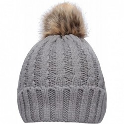 Skullies & Beanies Women's Winter Ribbed Knit Faux Fur Pompoms Chunky Lined Beanie Hats - Rope Light Grey - C5184ROYUDQ $15.71