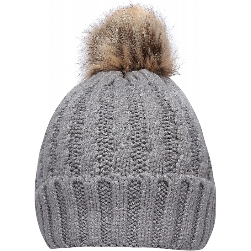 Skullies & Beanies Women's Winter Ribbed Knit Faux Fur Pompoms Chunky Lined Beanie Hats - Rope Light Grey - C5184ROYUDQ $23.04