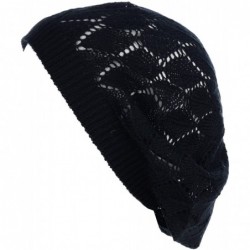 Berets Chic Parisian Style Soft Lightweight Crochet Cutout Knit Beret Beanie Hat - Leafy Black - C118E50YQEY $21.62