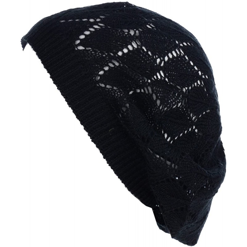 Berets Chic Parisian Style Soft Lightweight Crochet Cutout Knit Beret Beanie Hat - Leafy Black - C118E50YQEY $24.18