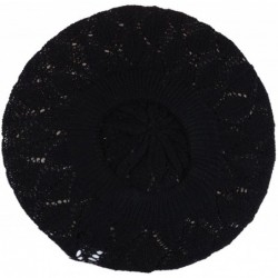 Berets Chic Parisian Style Soft Lightweight Crochet Cutout Knit Beret Beanie Hat - Leafy Black - C118E50YQEY $24.18