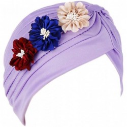 Skullies & Beanies Shiny Metallic Turban Cap Indian Pleated Headwrap Swami Hat Chemo Cap for Women - Light Purple Flower - C3...