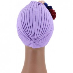 Skullies & Beanies Shiny Metallic Turban Cap Indian Pleated Headwrap Swami Hat Chemo Cap for Women - Light Purple Flower - C3...