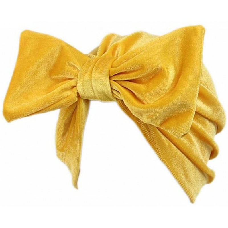 Skullies & Beanies Women Solid Bow Pre Tied Cancer Chemo Hat Beanie Turban Stretch Head Wrap Cap - Yellow - CT185Y0DT0Y $11.94