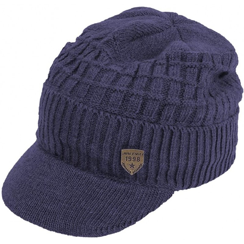 Skullies & Beanies Winter Wool Knitted Chunky Visor Beanie Hat with Brim Fur Lined Peaked Ski Cap - Blue - CJ187ZZ9NKO $37.51