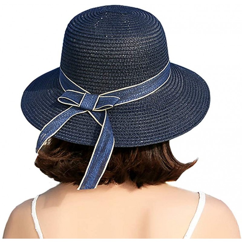 Sun Hats Women Foldable Sun Protection Straw Hat-Bowknot Outdoors Wide Brim Beach Cap 54-58cm - C-navy Blue - CE18NYW9IOX $12.95