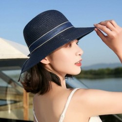 Sun Hats Women Foldable Sun Protection Straw Hat-Bowknot Outdoors Wide Brim Beach Cap 54-58cm - C-navy Blue - CE18NYW9IOX $12.95