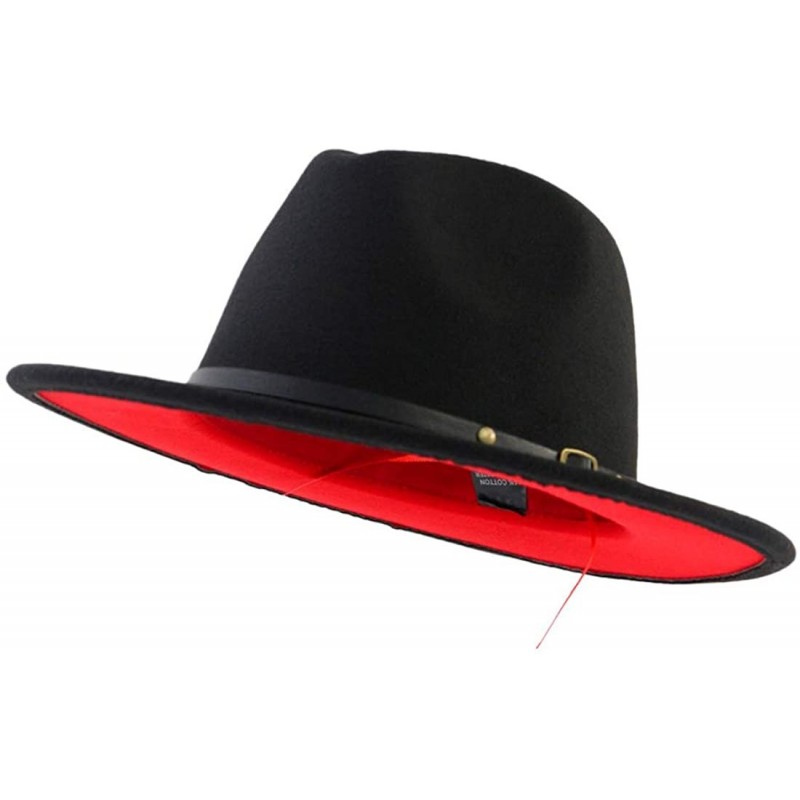 Fedoras Trend Red Black Patchwork Wool Felt Jazz Fedora Hat Casual Men Women Leather Strap Wide Brim Felt Hat Trilby - C618WW...