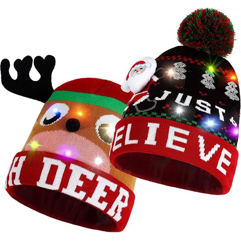 Skullies & Beanies Novelty LED Light Up Christmas Hat Knitted Ugly Sweater Holiday Xmas Beanie Colorful Funny Hat Gift - CG18...