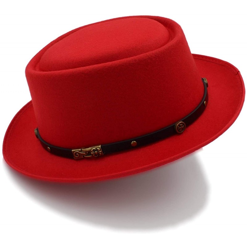 Fedoras Fashion Men Pork Pie Hat Dad Wool Flat Fedora Hat for Gentleman Gambler Fascinator Trilby Hat Hat - Red - CQ18O3QSD2H...