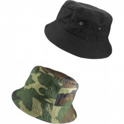 Bucket Hats 100% Cotton Packable Fishing Hunting Summer Travel Bucket Cap Hat - 2pcs Black & Camo - CJ18EQ8WYYD $32.69