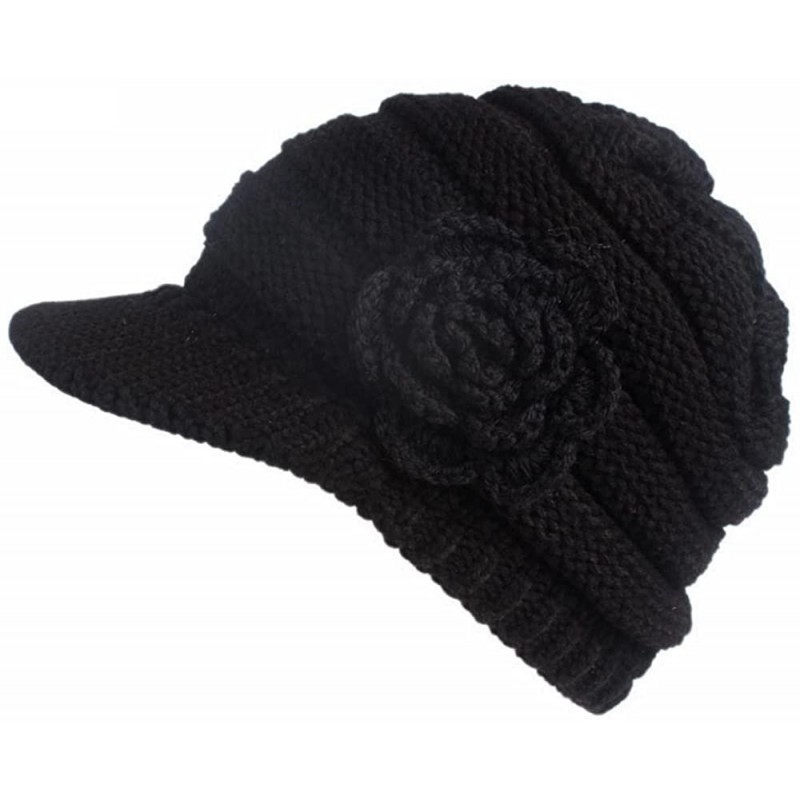 Berets Womens Winter Knitting Hat Flower Print Berets Turban Brim Hat Solid Color Cap - Black - CG18L0ZNHEY $16.53