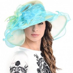 Sun Hats Ladies Kentucky Derby Church Hat Wide Brim Leaf Flower Bridal Dress Hat s037 - Turquoise&green - C112CV36HGB $33.43